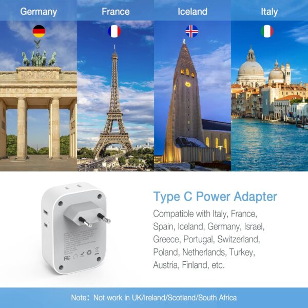 European Travel Plug Adapter USB C, TESSAN International Plug Adapter with 4 AC Outlets and 3 USB Ports, Type C Power Adaptor Charger for US to Most of Europe Iceland Spain Italy France Germany - Image 2