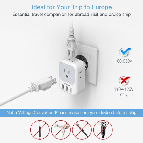 European Travel Plug Adapter USB C, TESSAN International Plug Adapter with 4 AC Outlets and 3 USB Ports, Type C Power Adaptor Charger for US to Most of Europe Iceland Spain Italy France Germany - Image 4