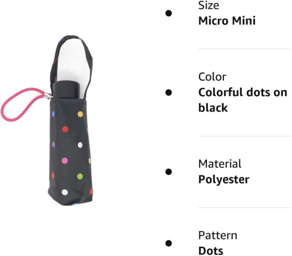 Totes Micro Mini Manual Compact Umbrella, NeverWet technology, Colorful dots on black, 38" arc Coverage - Image 4