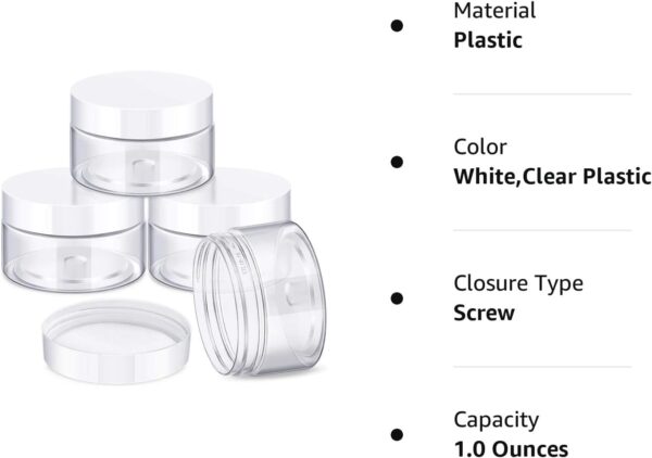 Patelai 4 Pieces Round Clear Wide-mouth Leak Proof Plastic Container Jars with Lids for Travel Storage Makeup Beauty Products Face Creams Oils Salves Ointments DIY Making or Others (White,1 Ounce) - Image 8