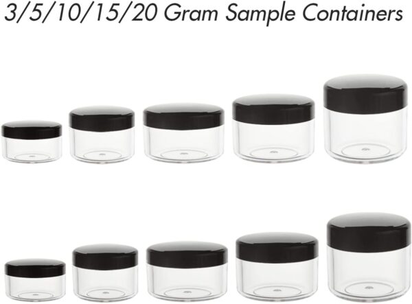 ZEJIA 10pcs Small Travel Containers, Black Sample Containers with Screw Lids, 5 Size 3/5/10/15/20 Gram Sample Jars with 12pcs Labels and 2pcs Mini Disposable Spatula, Makeup Sample Containers BPA Free - Image 7