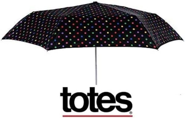 Totes Micro Mini Manual Compact Umbrella, NeverWet technology, Colorful dots on black, 38" arc Coverage - Image 2