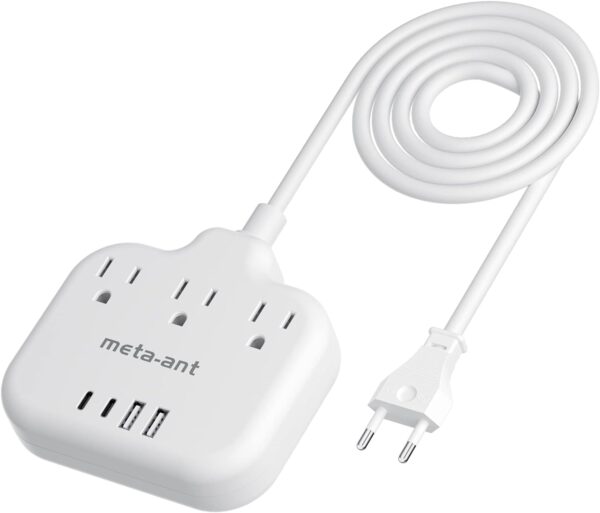 European Travel Plug Adapter, US to European Plug Adapter with 3 American Outlets & 4 USB, 5ft European Power Cord, International Travel Power Strip, Type C for Europe EU Germany France, Travel, White