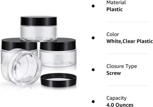 4 Pieces Round Clear Wide-mouth Leak Proof Plastic Container Jars with Lids for Travel Storage Makeup Beauty Products Face Creams Oils Salves Ointments DIY Making or Others (Black, 4 Ounce) - Image 8