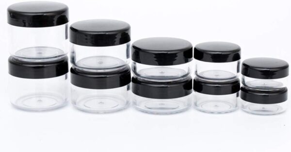 ZEJIA 10pcs Small Travel Containers, Black Sample Containers with Screw Lids, 5 Size 3/5/10/15/20 Gram Sample Jars with 12pcs Labels and 2pcs Mini Disposable Spatula, Makeup Sample Containers BPA Free - Image 9