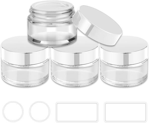 4 Pack 1oz Small Glass Containers with Lids, Tecohouse Glass Jars with White Lids & Inner Liners, Mini Travel Toiletries Container for Slime, Makeup, Cream, Lotion, Cosmetic