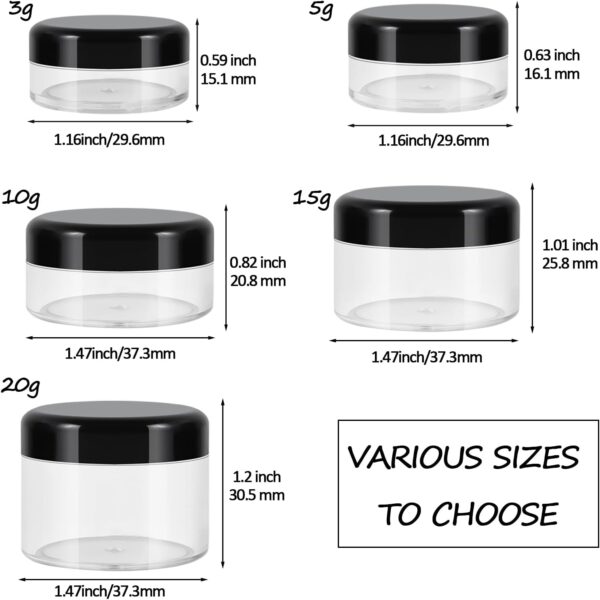 10 Pieces Small Travel Containers, 3/5/10/15/20 Gram Size Travel Containers for Creams, Sample Containers with Screw Lids, 12Pcs Labels/2Pcs Mini Spatulas, Plastic Makeup Containers (Black) - Image 3