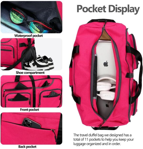 Travel Duffle Bag, 65L Foldable Travel Duffel Bag with Shoes Compartment and Wet Pocket, Waterproof & Tear Resistant (A7-Rose red, 65L) - Image 3