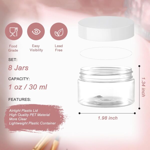 8 Pcs 1 OZ Plastic Jars with White Lids, Elumeiro Clear Cosmetic Travel Size Container Small Round Cream Jar Refillable for Scrubs, Lotion, Powder, ointment, Makeup, Food Storage - Image 2