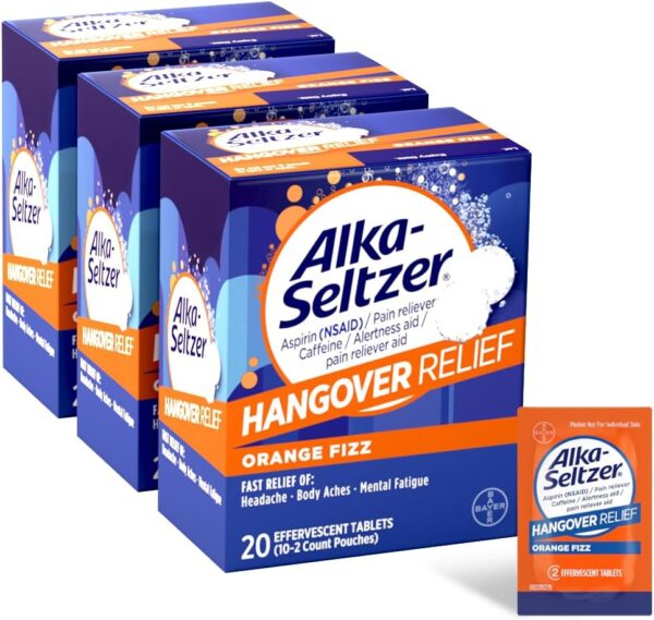 Alka-Seltzer Hangover Relief Tablets, Fast Relief Starts In About 15 Minutes for Headaches, Body Aches & Mental Fatigue, Bachelorette & Bachelor Party Packs 60 Count (3 Boxes, 20 Tablets Each)