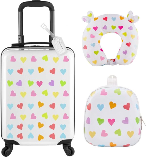 Sanwuta 4 Pieces Heart Luggage for Girls 20 Inch Kids Rolling Luggage White Travel Rolling Suitcase with Wheels Kids Luggage Set with Backpack Neck Pillow Name Tag (Heart Style, 20 Inch)