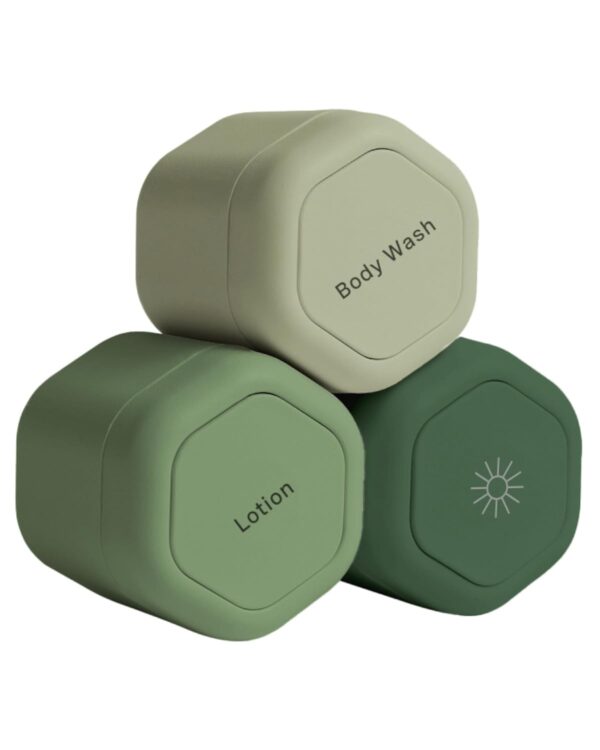 Cadence Travel Containers - Body Care Capsule Set - Magnetic Travel Capsules - For Body Wash, Lotions, Sunscreens - 3 Flex Mediums (1.32oz) with Body Wash, Lotion, & Sun Icon Labels - Evergreen