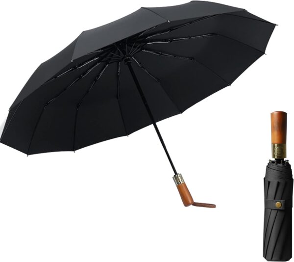 erised's bifrost Compact Travel Folding Portable Umbrella 46 Inch Windproof/Wind Resistant,Automatic Open Close,Sun/Rain,Real Wood Handle,Women men,12 Ribs,99 UV Protection UPF 50