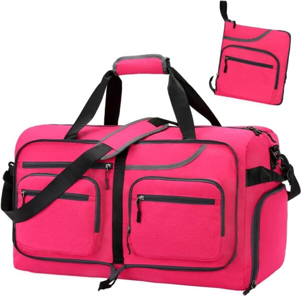 Travel Duffle Bag, 65L Foldable Travel Duffel Bag with Shoes Compartment and Wet Pocket, Waterproof & Tear Resistant (A7-Rose red, 65L)