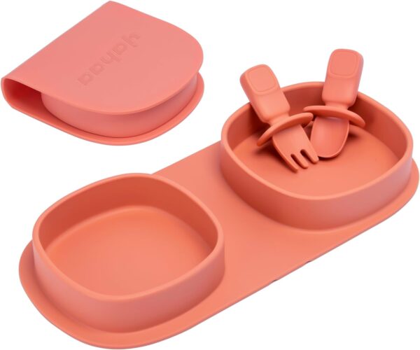 Toddler Plates Travel Essential on the go,Baby Plates with Forks and Spoons Self Feeding 6 months,Foldable,Silicone,BPA Free,Watermelon