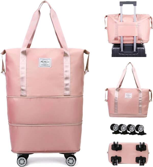 Foldable Travel Bag Expandable,Rolling Duffle Bag with Wheels,Weekender Travel Bag with Detachable Rolling Wheels for Women and Men,Weekend Travel Bag,Suit Travel Trip Pink