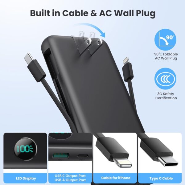 Portable Charger 33800mAh USB C Power Bank with Built-in Cables & AC Wall Plug,25W Fast Charging+QC 4.0 Phone Charger,4 Output LCD Display Battery Pack Compatible with iPhone15/14,Samsung,Android etc - Image 5