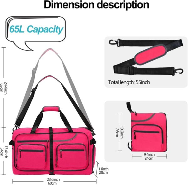 Travel Duffle Bag, 65L Foldable Travel Duffel Bag with Shoes Compartment and Wet Pocket, Waterproof & Tear Resistant (A7-Rose red, 65L) - Image 4