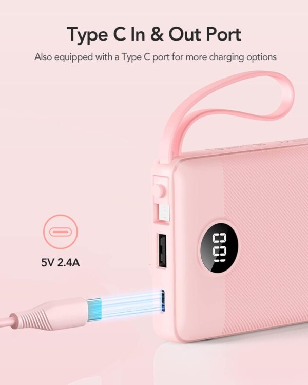 VRURC Portable Charger 10000mAh, Slim LED Display Power Bank, 5 Output 2 Input Cell Phone Battery Pack, Built-in Micro & USB C Cables Phone Charger Compatible with iPhone,Samsung,Android-Pink(1 Pack) - Image 2