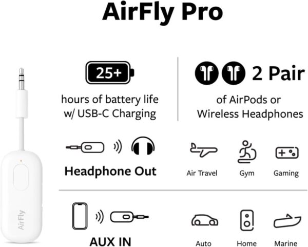 Twelve South AirFly Pro Bluetooth Wireless Audio Transmitter/ Receiver for up to 2 AirPods /Wireless Headphones; Use with any 3.5 mm Jack on Airplanes, Gym Equipment, TVs, iPad/Tablets and Auto - Image 3