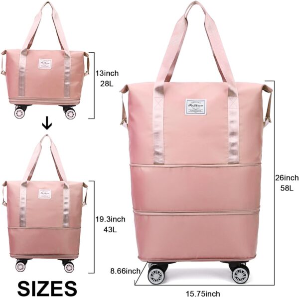 Foldable Travel Bag Expandable,Rolling Duffle Bag with Wheels,Weekender Travel Bag with Detachable Rolling Wheels for Women and Men,Weekend Travel Bag,Suit Travel Trip Pink - Image 4