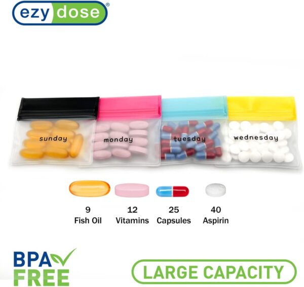 EZY DOSE Reusable 7-Day Pill Pouch Set, Durable Multi-Purpose Travel-Sized Containers, Includes Days of the Week Labels with Color for Easy Identification, Large Storage, Clear, BPA Free, TSA Approved - Image 2