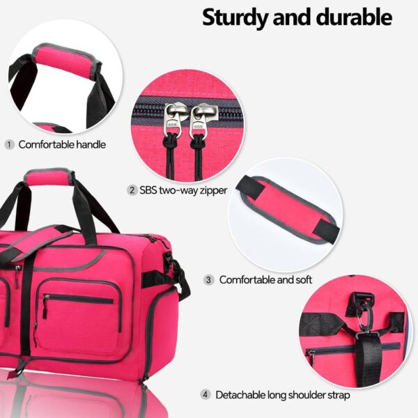 Travel Duffle Bag, 65L Foldable Travel Duffel Bag with Shoes Compartment and Wet Pocket, Waterproof & Tear Resistant (A7-Rose red, 65L) - Image 2