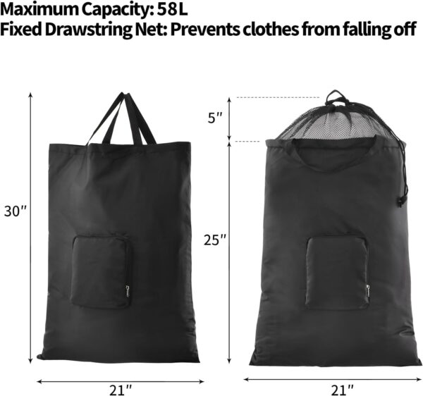 Travel Laundry Bags, 2Pcs JHX Foldable Dirty Clothes Bag 【2024 Upgraded】 with Fixed Drawstring Net, Handles and Carabiner, Portable Laundry Bags for Travel and Fitness (Dark-Black) 30"H x 21"W - Image 2