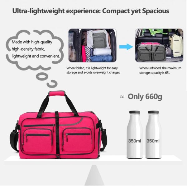 Travel Duffle Bag, 65L Foldable Travel Duffel Bag with Shoes Compartment and Wet Pocket, Waterproof & Tear Resistant (A7-Rose red, 65L) - Image 6