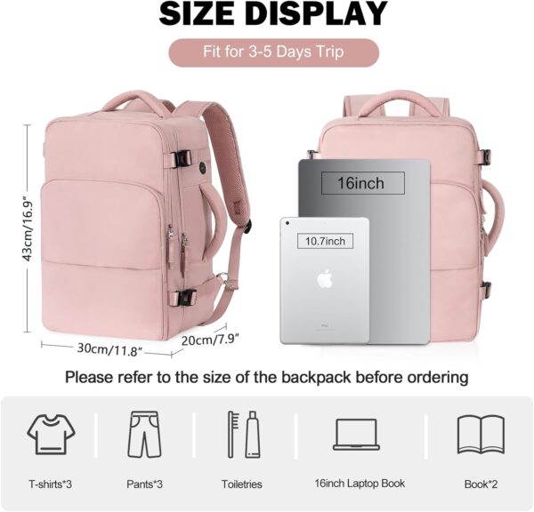 Rinlist Travel Backpack for Women Men, TSA Friendly Carry-on Backpack Airline Approved, Personal Item Bag on Airplanes, Travel Essentials Must Haves, Pink - Image 3