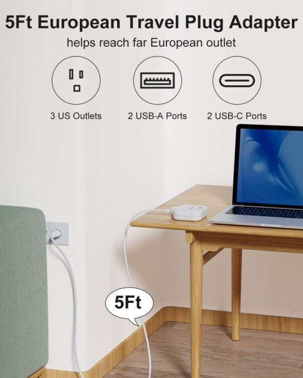 European Travel Plug Adapter, US to European Plug Adapter with 3 American Outlets & 4 USB, 5ft European Power Cord, International Travel Power Strip, Type C for Europe EU Germany France, Travel, White - Image 3