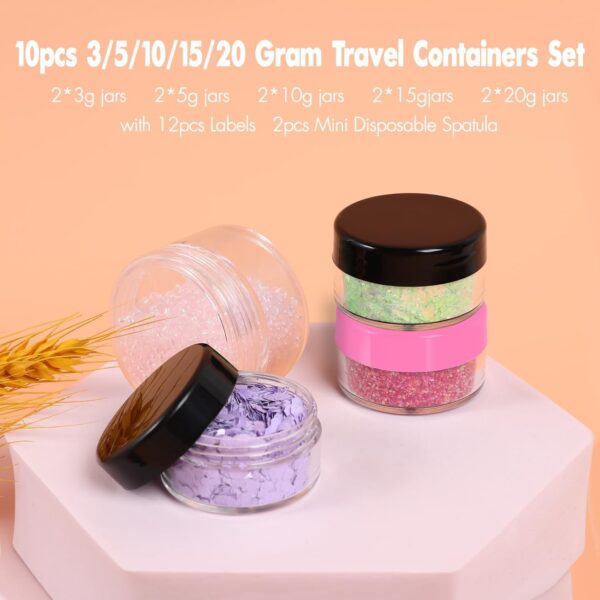 10 Pieces Small Travel Containers, 3/5/10/15/20 Gram Size Travel Containers for Creams, Sample Containers with Screw Lids, 12Pcs Labels/2Pcs Mini Spatulas, Plastic Makeup Containers (Black) - Image 4