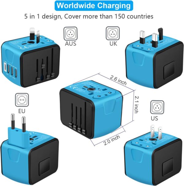 Travel Adapter Worldwide, Universal International Power Plug Adapter W/2.4A 3xUSB-A and 3.0A Type-C Wall Charger, European Travel Plug Adapter for Europe UK EU US CA AU Italy Asia-Blue - Image 3