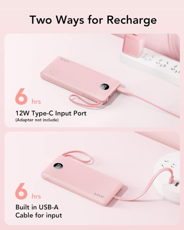 VRURC Portable Charger 10000mAh, Slim LED Display Power Bank, 5 Output 2 Input Cell Phone Battery Pack, Built-in Micro & USB C Cables Phone Charger Compatible with iPhone,Samsung,Android-Pink(1 Pack) - Image 5