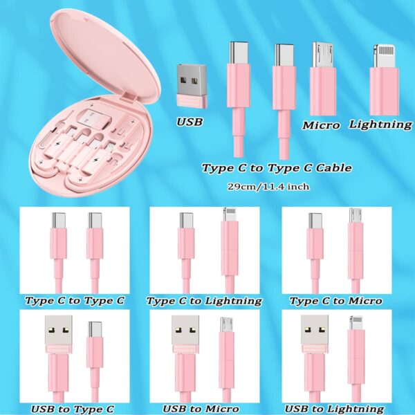 Multi USB Charging Adapter Cable Kit, USB C to Lighting Adapter Box, Conversion Set USB A & Type C to Male Micro/Type C/Lightning, Data Transfer, Card Storage, Tray Eject Pin, Phone Holder (Pink) - Image 4