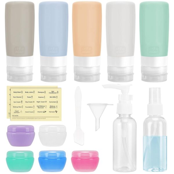 Beveetio Travel Bottles TSA Approved 15 Pack,2.9oz Silicone Refillable Size Containers, BPA Free Travel Tubes Toiletries for Cosmetic Shampoo Cream Conditioner Lotion Soap（2.9 OZ Multicolor）