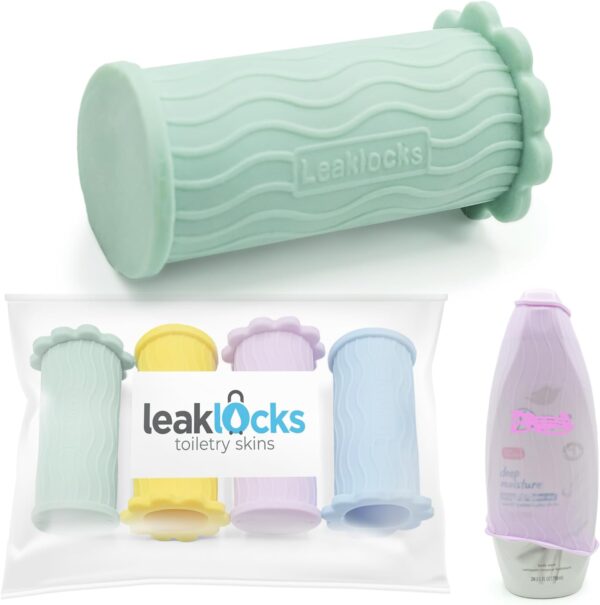 LeakLocks® Toiletry Skins™ Elastic Sleeve for Leak Proofing Travel Container in Luggage. For Standard and Travel Sized Toiletries. Reusable Accessory for Travel Bag Suitcase and Carry-on Luggage