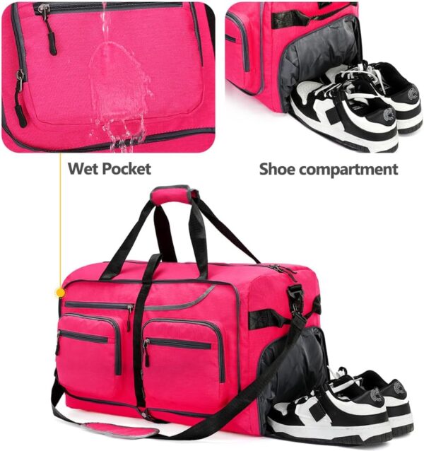 Travel Duffle Bag, 65L Foldable Travel Duffel Bag with Shoes Compartment and Wet Pocket, Waterproof & Tear Resistant (A7-Rose red, 65L) - Image 5