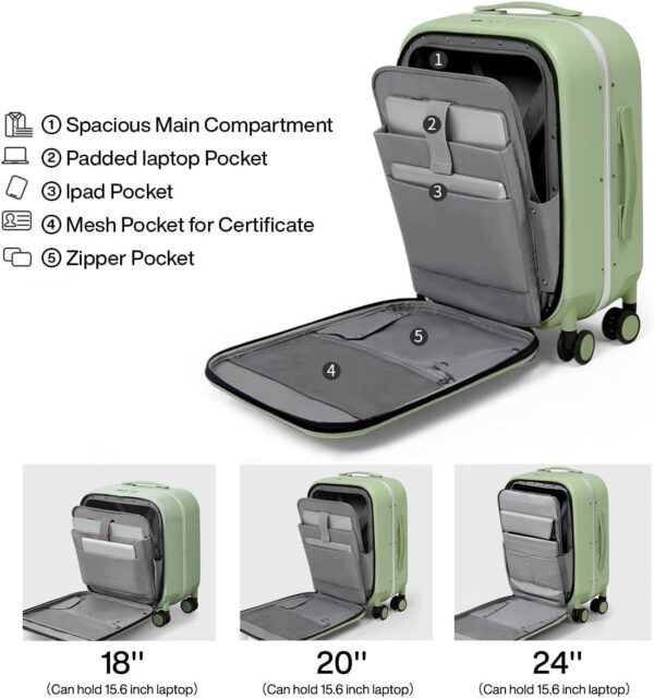 Mixi Carry On Luggage, 20'' Suitcase with Front Laptop Pocket, Travel Rolling Luggage Aluminum Frame PC Hardside with Spinner Wheels & TSA Lock and Cover - Avocado Green - Image 3