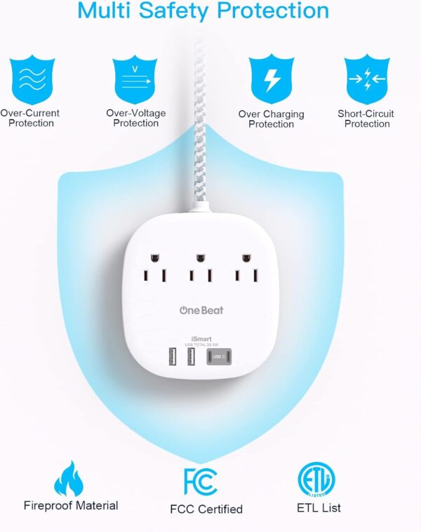 Flat Plug Power Strip, 5ft Ultra Flat Extension Cord - 3 Outlets 4 USB Ports (2 USB C) 22.5W/4.5A Desktop Charging Station, No Surge Protection for Cruise Ship, Dorm Room Travel Essentials - Image 7