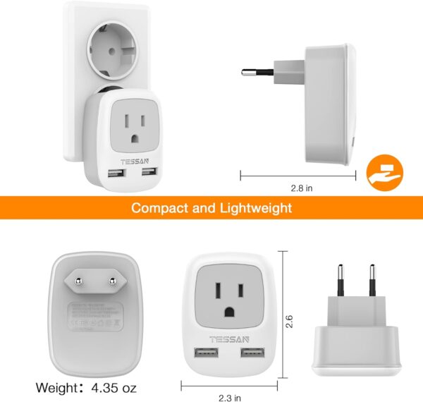 European Travel Plug Adapter, TESSAN International Power Plug with 2 USB Ports, Type C Outlet Adaptor Charger for US to Most of Europe EU Iceland Spain Italy France Germany - Image 6