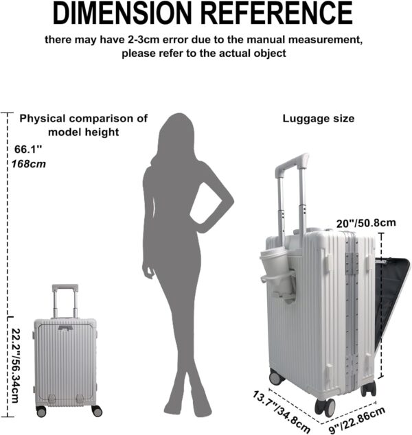 Aluminum Frame Carry On Luggage with Cup Holder and Usb Port, Front Compartment, TSA Lock, 22x14x9 Airline Approved Carry-On Hardside Suitcase Spinner Wheels(White, 20-lnch) - Image 6