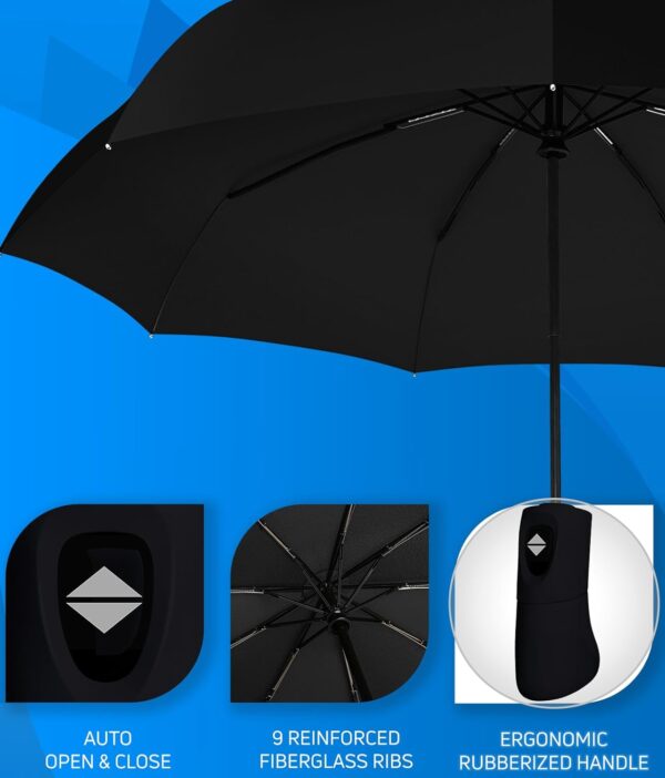 Compact Travel Umbrella - Pocket Portable Folding Windproof Mini Umbrella - Auto Open and Close Button and 9 Rib Reinforced Canopy - Image 4