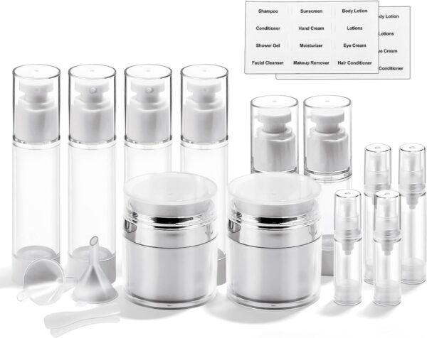 18 Pack Bubimon Airless Pump Jars, 1.7/1/0.7/0.34oz Cosmetic Containers, Leak Proof Refillable jar for Toiletries, Cream Lotion, Eye Cream, Liquid, Foundation, Shampoo (BPA Free)