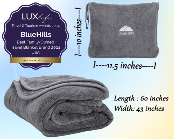 BlueHills Premium Soft Travel Blanket Pillow Airplane Flight Blanket throw in Soft Bag Pillowcase Compact Pack Large Blanket for Travel Grey Color (Gray T007) - Image 3