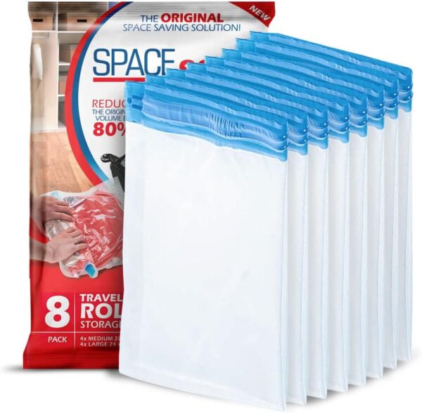 Spacesaver Premium Travel Roll-Up Storage Bags with Double-Zip Seal and Triple-Seal Turbo Valve, Get 80% More Storage - Space Saver Bags for Travel - Compression Bags for Travel (Travel 8 Pack)