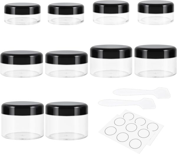 10 Pieces Small Travel Containers, 3/5/10/15/20 Gram Size Travel Containers for Creams, Sample Containers with Screw Lids, 12Pcs Labels/2Pcs Mini Spatulas, Plastic Makeup Containers (Black)