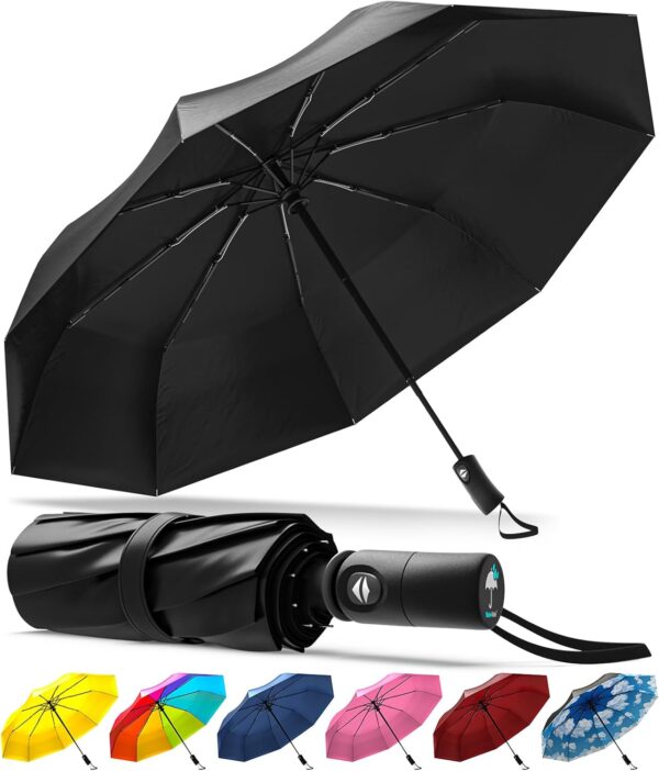 Compact Travel Umbrella - Pocket Portable Folding Windproof Mini Umbrella - Auto Open and Close Button and 9 Rib Reinforced Canopy