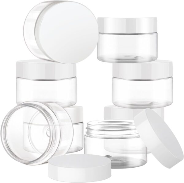 8 Pcs 1 OZ Plastic Jars with White Lids, Elumeiro Clear Cosmetic Travel Size Container Small Round Cream Jar Refillable for Scrubs, Lotion, Powder, ointment, Makeup, Food Storage