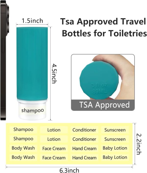 Travel Bottles for Toiletries, 4 Pack TSA Approved Travel Size Bottles Leakproof Silicone Portable Refillable Travel Containers for Shampoo Conditioner Body Lotion Soap Liquids (3oz 89ml) - Image 6